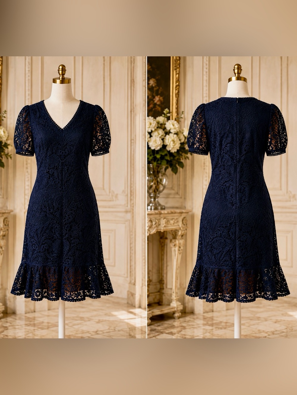 Express Navy Blue Lace Dress XL V-Neck Puff Sleeve Scalloped Hem Cocktail Party - Picture 4 of 11